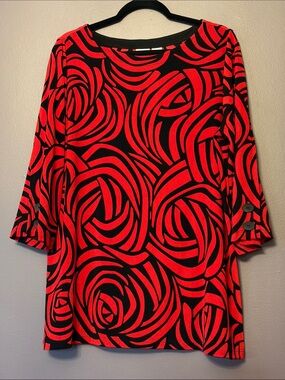 Chico's Red and Black Abstract Swirl Rose Pattern Tunic Large Size 2